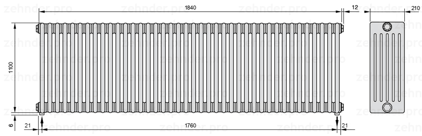 Схема (чертеж) Радиатор Zehnder Charleston 6110/40 №3570 Белый глянцевый RAL 9016